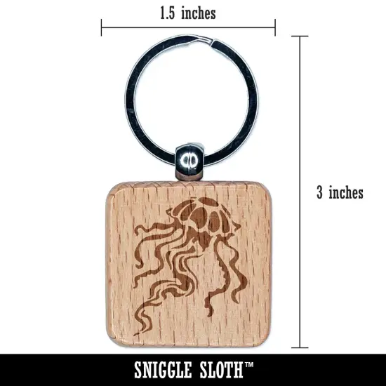 Elegant Compass Jellyfish Floating in the Ocean Engraved Wood Square Keychain Tag Charm {2}
