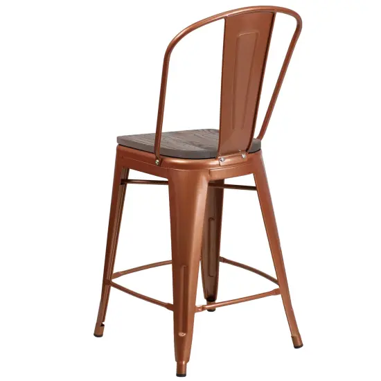 Merrick Lane Sarah 24" Metal Indoor-Outdoor Counter Stool with Vertical Slat Back, Integrated Footrest and Wood Seat Copper {3}