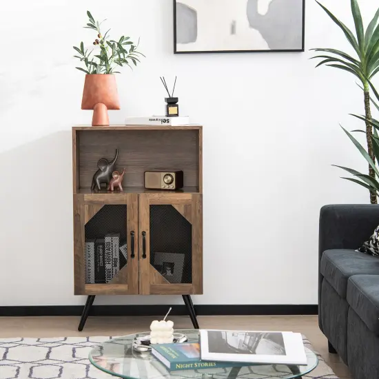 2-Door Farmhouse Kitchen Storage Bar Cabinet with Wine Rack and Glass Holder-Rustic Brown {3}