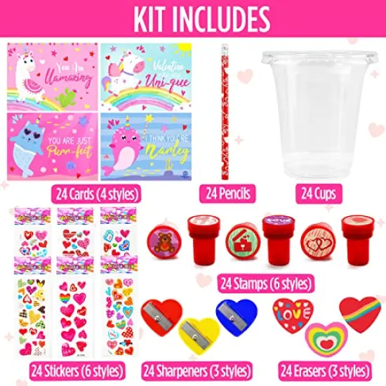 24 Pack Valentines Day Gifts for Kids - Valentines Day Stationery Gift with Cards Pencils Stickers Erasers Stampers Sharpener Cups Classroom Prize School Exchange Boys Girls Party Favors {2}