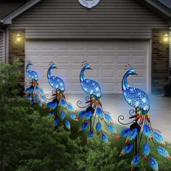 40"Glass Outdoor Decor Peacock Yard Art with Solar Garden Stake Lights, Glass Pathway Lights Lawn Ornaments for Patio, Backyard, Flowerbed, Pond, Outside Home Decorations {3}