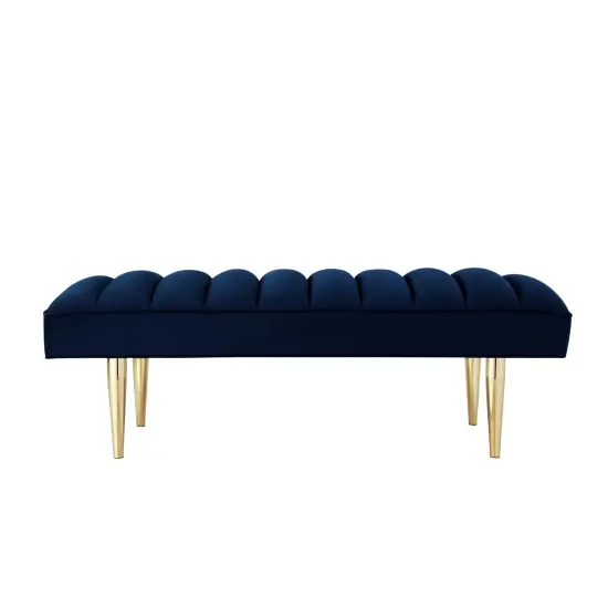 Denver Velvet Channel Tufted Bench with Mirrorred Lacquer Finish With Gold/Chrome Legs Navy/Gold {2}
