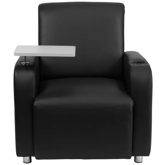 Emma and Oliver Faux Leather Guest Chair with Tablet Arm, Chrome Legs and Cup Holder Black {3}