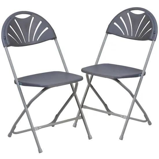 Emma and Oliver 2 Pack Wedding Party Event Fan Back Plastic Folding Chair Home Office Charcoal {1}