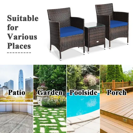 3 Pieces Patio Wicker Rattan Furniture Set with Steel Frame and Polyester Cushions Navy {5}