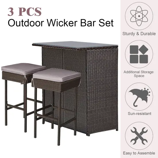 Costway Patio 3PCS Rattan Bar Table Stool Set Cushioned Chairs withCover {5}