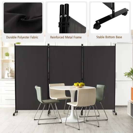 3 Panel Folding Room Divider with 8 Smooth Universal Lockable Wheels Grey {6}