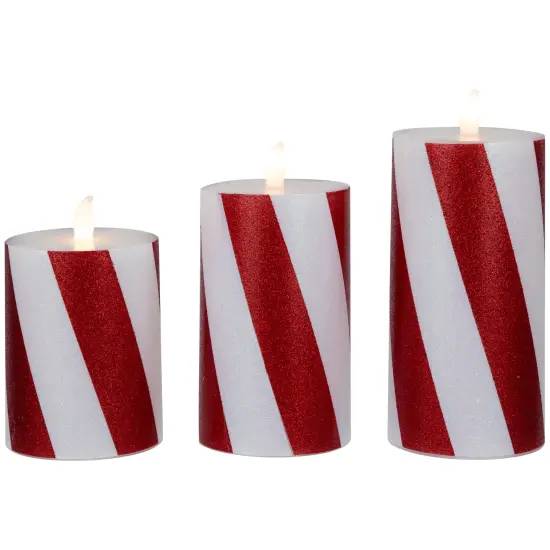 Northlight LED Flameless Flickering Candy Cane Wax Pillar Christmas Candles - 6" - Set of 3 Red {7}