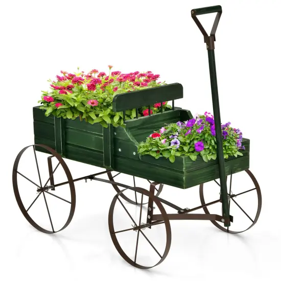 Costway Garden Plant Planter Wooden Wagon Planter W/ Wheel Garden Yard {11}