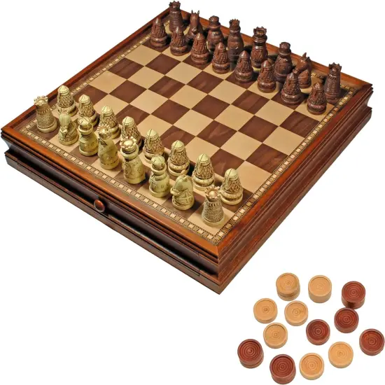 WE Games Medieval Chess & Checkers Game Set - Wood Board with Storage Drawers 15 in. {1}
