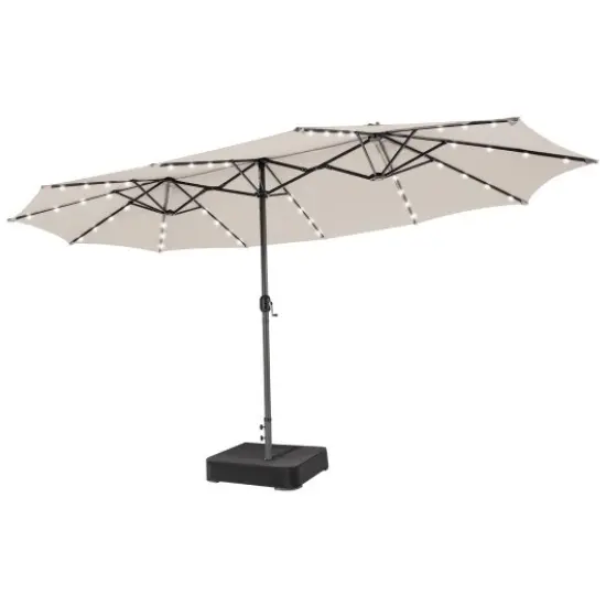 15 Ft Solar Led Patio Double-sided Umbrella Market Umbrella With Weight Base Beige {3}