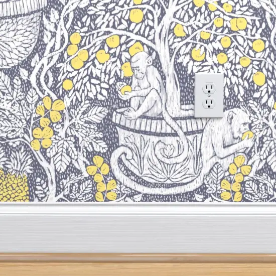 Pre-Pasted Wallpaper 2FT Wide Exotic Damask Tropical Fruit Monkey Parrot Arts And Crafts Lemon Tree Yellow Gray Grey Custom Pre-pasted Wallpaper by Spoonflower {4}
