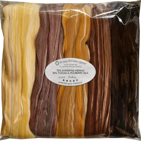 5oz Merino Silk Luxe Blends - Roving for Spinning, Felting, and Blending. Merino Wool + Glossy Mulberry Silk + Premium Tussah Silk. Pralines {1}