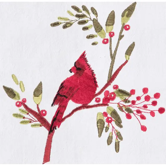 Holiday Winter Themed Single Red Cardinal Embroidered Sitting on Red Berry Tree Flour Sack Dish towel 27L x 18W in. {3}
