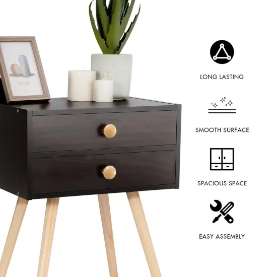 Modern Floor Standing 2 Drawers Nightstand with Wooden Legs and Golden Knob Brown {6}