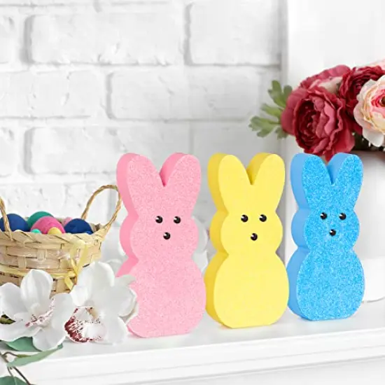 3 Pieces Glittery Easter Wooden Signs for Tiered Tray/Mantel/Table Decorations, Style of Peeps with 3D Eyes {2}