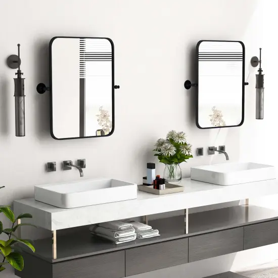 Costway 30 x 22 Inch Black Metal Framed Pivot Rectangle Wall-Mounted Mirror Black {5}