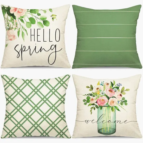4 Pieces Spring Pillow Covers 18x18 , Spring Summer Farmhouse Throw Pillow Cover Green Garden Linen Cushion Case for Home Decor {2}