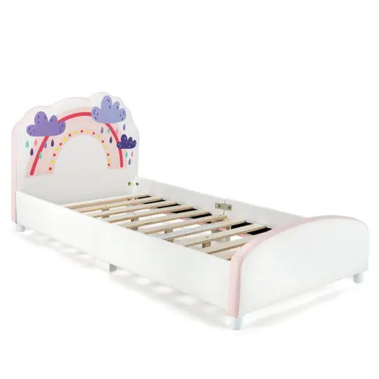Kids Twin Size Upholstered Platform Wooden Bed with Rainbow Pattern {2}