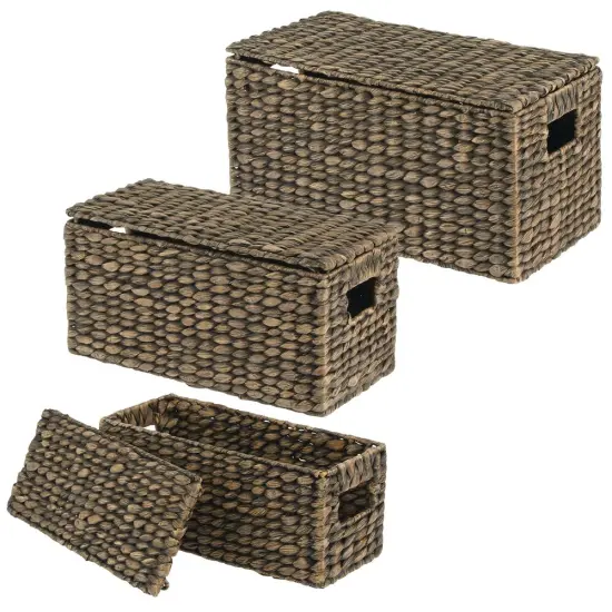 mDesign Woven Water Hyacinth Storage Basket, Lid/Handles, Set of 3 {4}