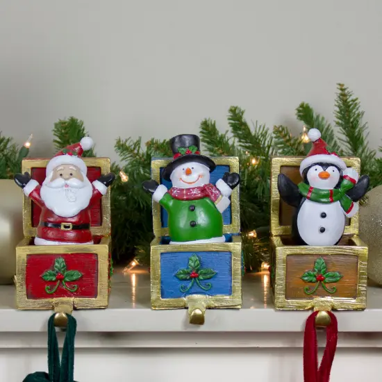 Northlight Santa Snowman and Penguin in Gift Boxes Christmas Stocking Holders - Set of 3 - 6" Red {3}