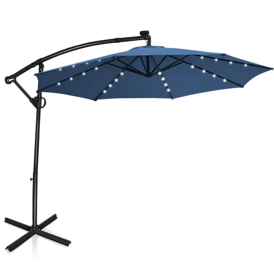 Costway 10FT Patio Offset Umbrella Solar Powered LED 360Degree Rotation Aluminum Blue {2}