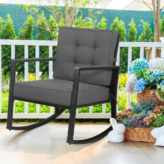 Patio Rattan Rocker Outdoor Glider Rocking Chair Cushion Lawn Grey {2}