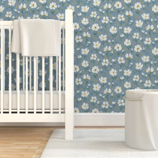 Pre-Pasted Wallpaper 2FT Wide Blue Botanical Hand Painted White Flower Summer Floral Gold Flowers Spring Boho Light Gray Florals Whimsical Medium Scale Custom Pre-pasted Wallpaper by Spoonflower {7}
