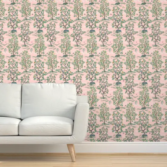 Pre-Pasted Wallpaper 2FT Wide Chinoiserie Pink Botanical Nature Oranges Lemons Birds Custom Pre-pasted Wallpaper by Spoonflower {5}