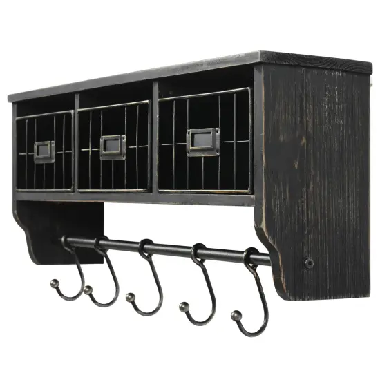 HBCY Creations Rustic Coat Rack Wall Mounted Shelf with Hooks & Baskets, Entryway Organizer Wall Shelf with 5 Coat Hooks and Cubbies Black Wash {1}