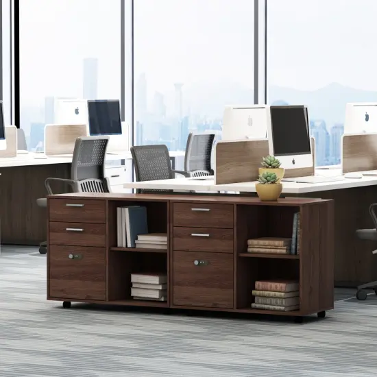 Office Wooden File Cabinet with coded Lock Drawer with Open Storage Shelves Brown Oak {3}