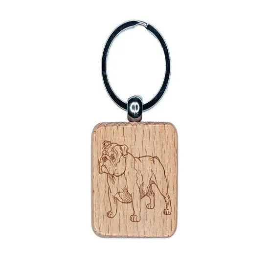 Gentle English Bulldog Pet Dog Engraved Wood Square Keychain Tag Charm {1}