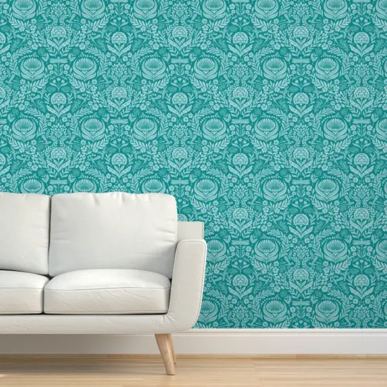 Pre-Pasted Wallpaper 2FT Wide Teal Floral Victorian Whimsical Dragonflies Art And Crafts Maximalist Botanical Nouveau Carnation Chrysanthemum Large Scale Custom Pre-pasted Wallpaper by Spoonflower {5}