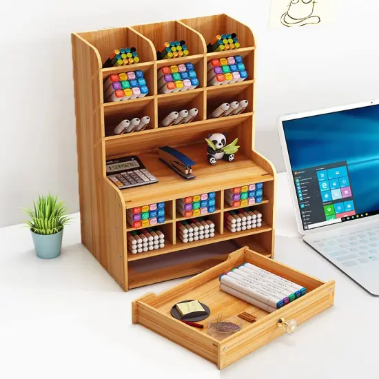 Wooden Pen Organizer, Multi-Functional DIY Pen Holder Box, Desktop Stationary, Easy Assembly, Home Office Art Supplies Organizer Storage with Drawer (B16-Cherry Color) {5}