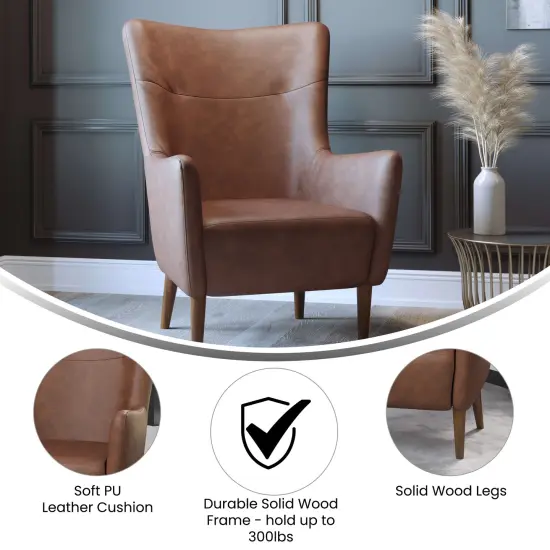 Merrick Lane Regal Traditional Wingback Accent Chair, Faux Leather Upholstery and Wooden Frame and Legs Light Brown {10}