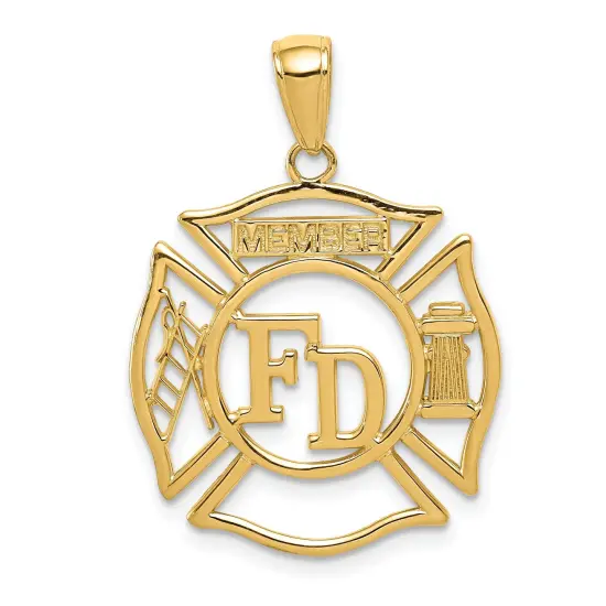 14K Gold FD Member in Shield Charm Firefighter Pendant Jewerly 30mm x 20.5mm {1}