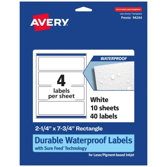 Avery Durable Waterproof Rectangle Labels with Sure Feed, 2.25" x 7.75" {7}