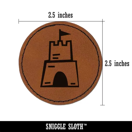 Sand Castle Doodle Round Iron-On Engraved Faux Leather Patch Applique - 2.5" Brown {3}