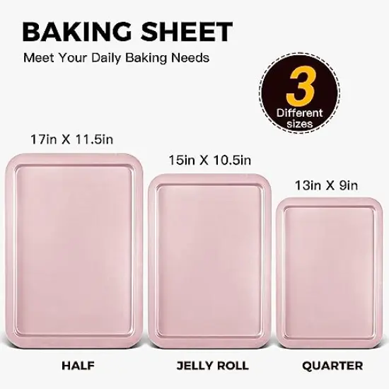 3 Pack Baking Sheet Pan Set, Cookie Sheet for Oven, Nonstick Bakeware Sets with Wider Grips, Half/Jelly Roll/Quarter Baking Tray, Premium, Dishwasher Safe-Pink {1}