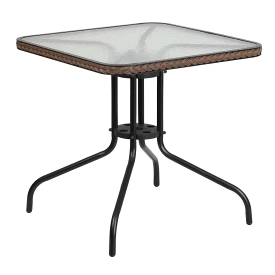 Emma and Oliver 28" Square Tempered Glass Metal Table with Rattan Edging Clear/DarkBrown {1}