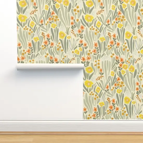 Pre-Pasted Wallpaper 2FT Wide Art Nouveau Garden Sage Green Yellow Abstract Flowers Large Scale Botanical Garden Custom Pre-pasted Wallpaper by Spoonflower {2}
