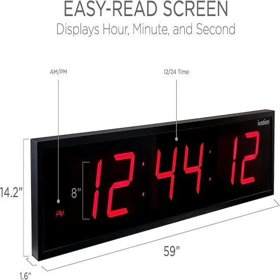 Ivation 60'' Large Digital Wall Clock, LED Digital Clock with Remote Control - Stopwatches Red {3}
