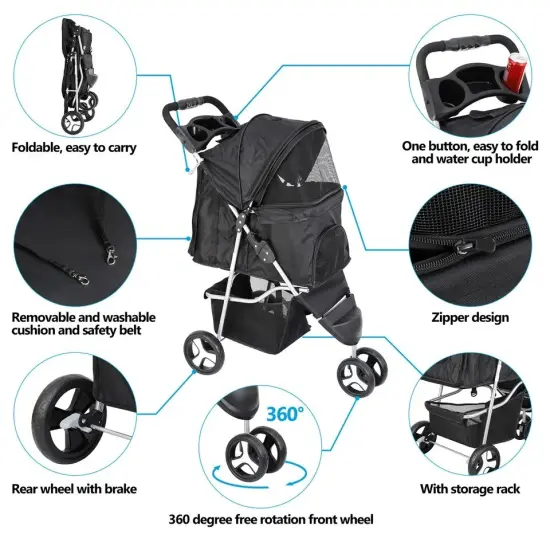3 Wheels Travel Pet Stroller for Dogs and Cats Easy to Walk Foldable Stroller {3}