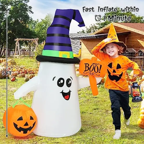 5FT Inflatable Halloween Cute Ghost with Pumpkin Blow Up Inflatables Halloween Outdoor Yard Decoration {3}