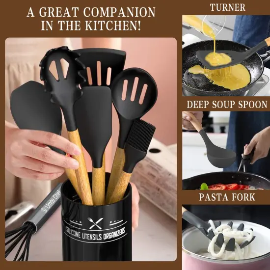 33 Pieces Chef Kitchen Cooking Utensils Set, Non-Stick Utensils Spatula Set with Holder, Black Wooden Handle Silicone Kitchen Gadgets {3}