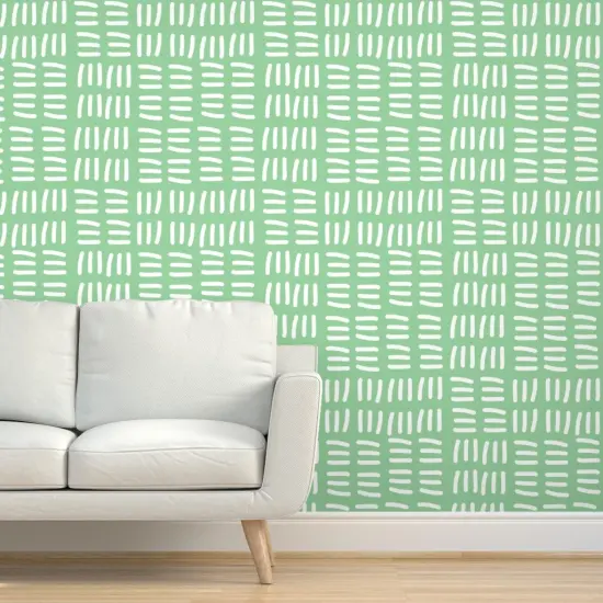 Pre-Pasted Wallpaper 2FT Wide Modern Pastel Abstract Green Whimsical Geometric Lines Wavy Zigzag Custom Pre-pasted Wallpaper by Spoonflower {5}