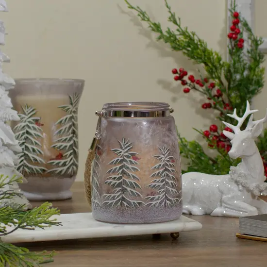 Northlight 6.25" Hand-Painted Pine Trees and Cardinals Flameless Glass Christmas Candle Holder Silver {3}