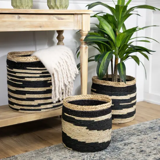 Northlight Set of 3 Black and Beige Zig Zag Sew Seagrass Storage Baskets 15.5" {3}