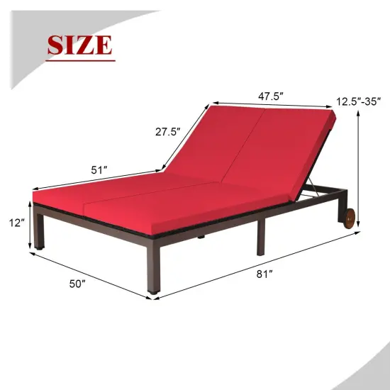 2-Person Patio Rattan Lounge Chair with Adjustable Backrest Red {5}