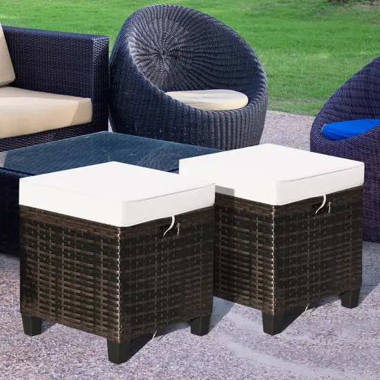 Costway 2PCS Patio Rattan Ottoman Cushioned Seat Beige {3}